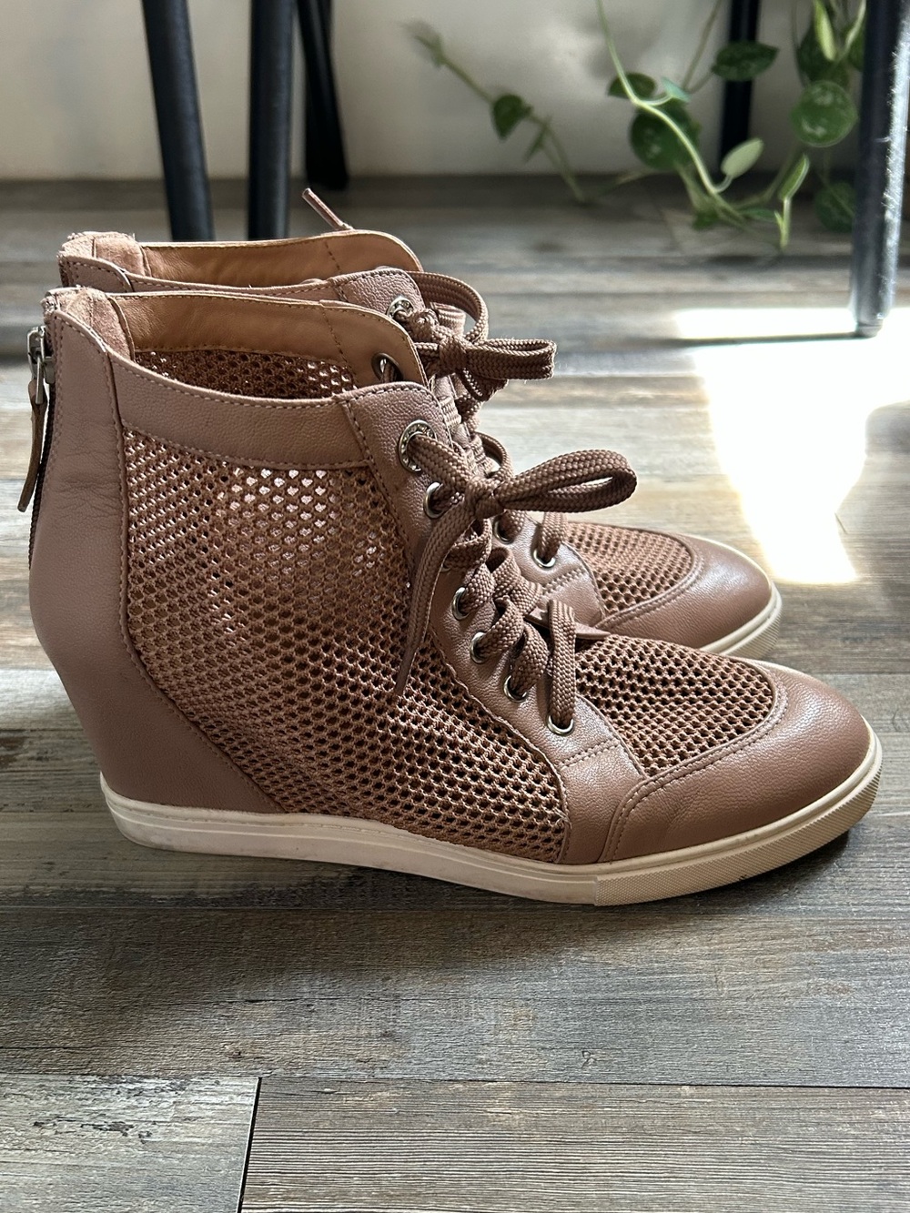 LINEA PAOLO Mesh Wedge Sneaker Booties in Taupe - Casual Lace-Up Style